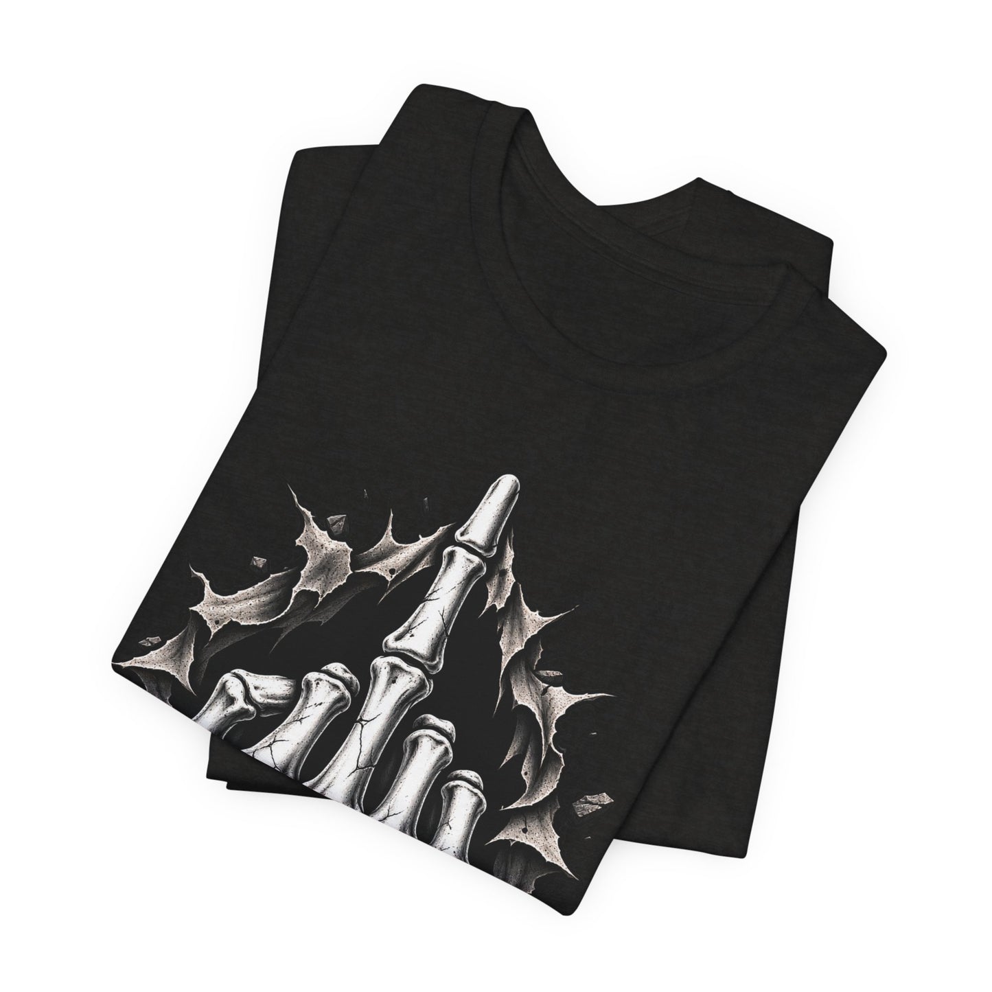 Skull Middle Finger Tee — Gothic Skeleton Hand with Roses Graphic Tee