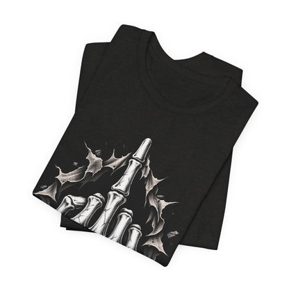 Skull Middle Finger Tee — Gothic Skeleton Hand with Roses Graphic Tee