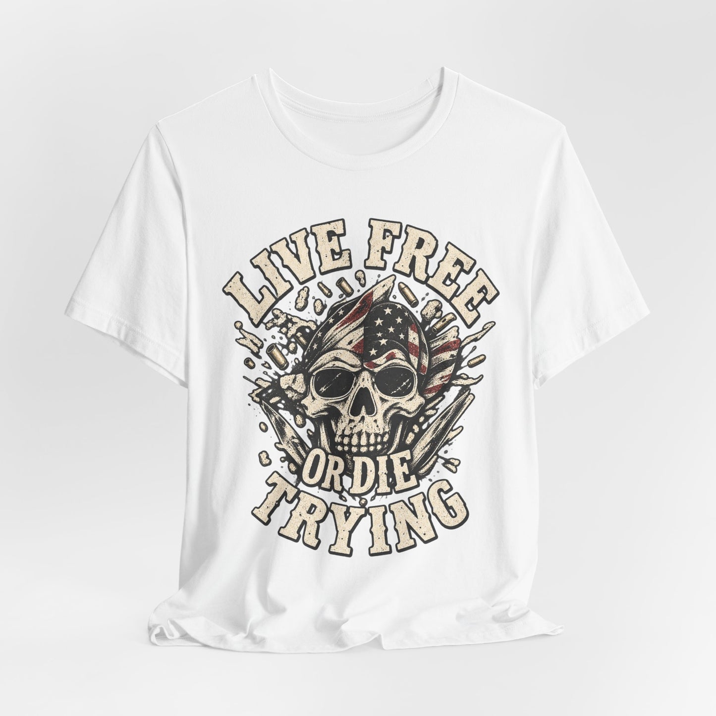 Live Free or Die Trying Skull Tee — Patriotic American Flag Graphic T-Shirt
