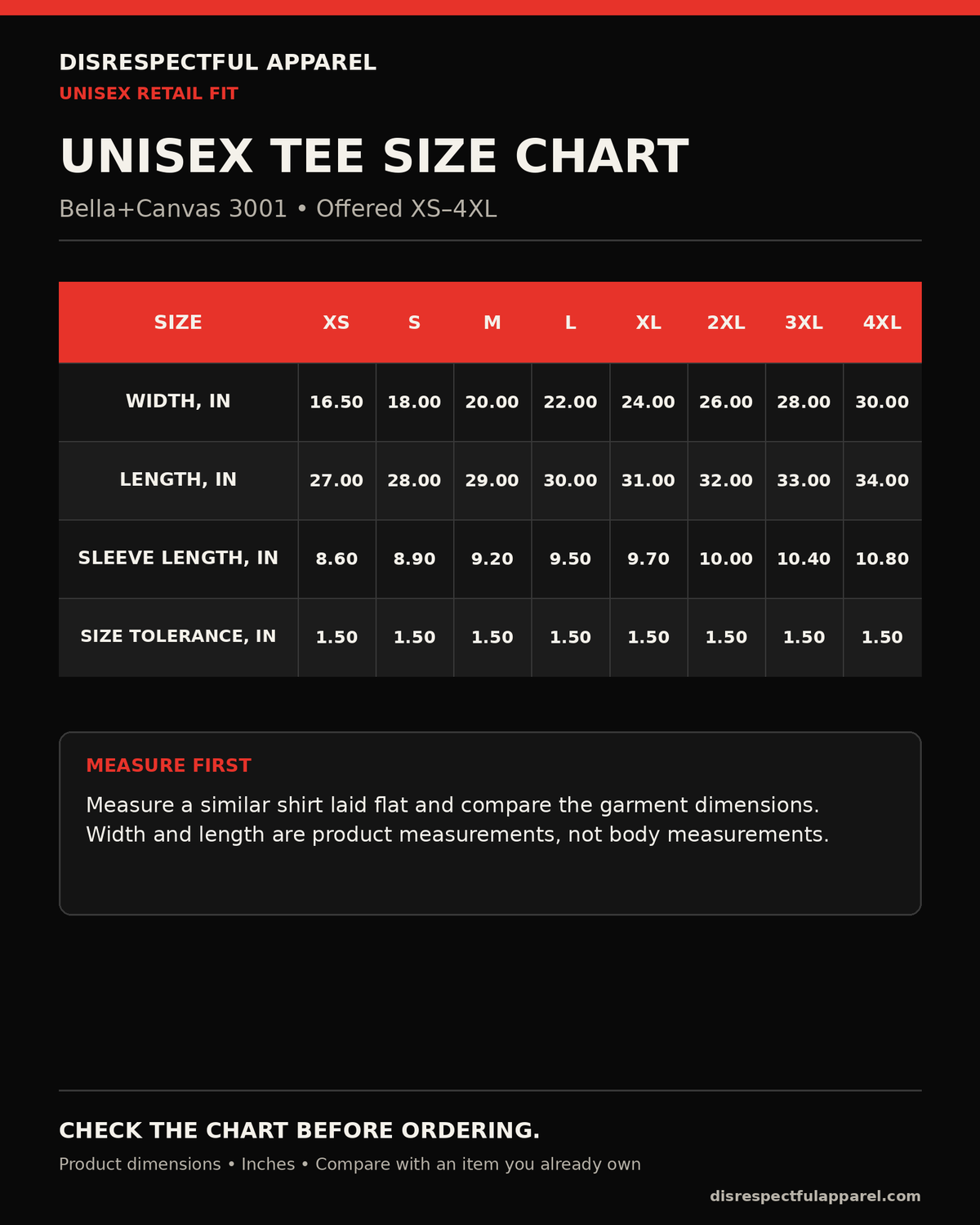 Disrespectful Apparel Bella+Canvas 3001 unisex tee size chart